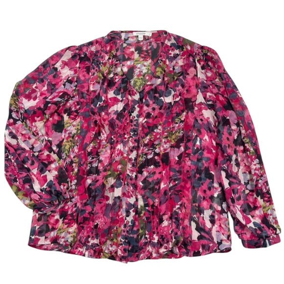 CHICO’s Floral Chiffon Ruffle Semi-Sheer Blouse in Pinks/White/Black Size 3 (16) - Picture 2 of 9